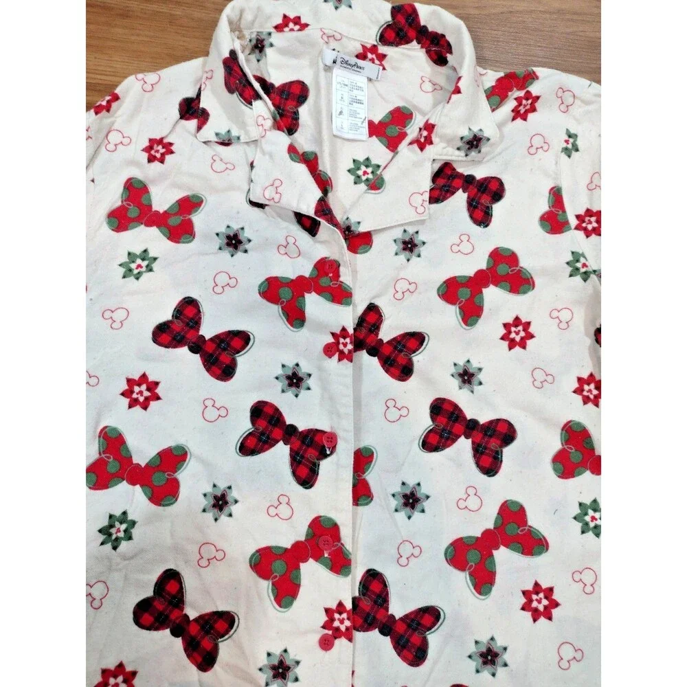 Disney Parks Pajamas Women's L  2 Piece Set Flannel Minnie Mouse Bows Holiday - Picture 4 of 10